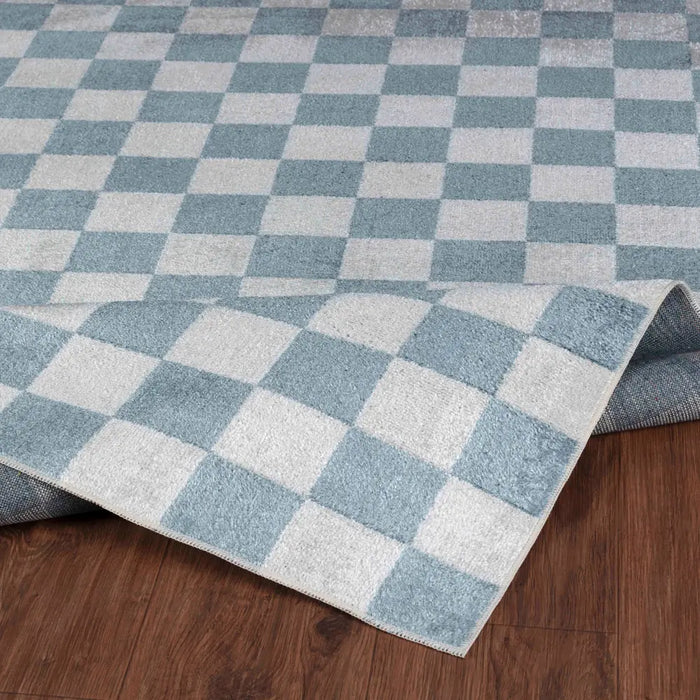 Kush LillianWashable Blue Ivory Checkered Living Dining Rug LLL2337