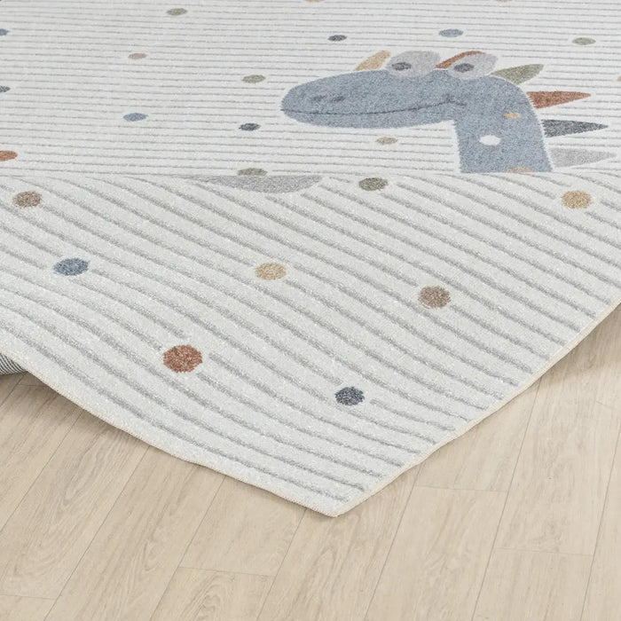 Dino Kids Machine Washable Beige/Grey Bedroom Area LLL2346
