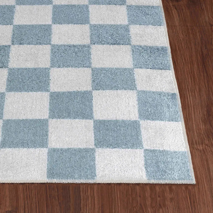 Kush LillianWashable Blue Ivory Checkered Living Dining Rug LLL2337