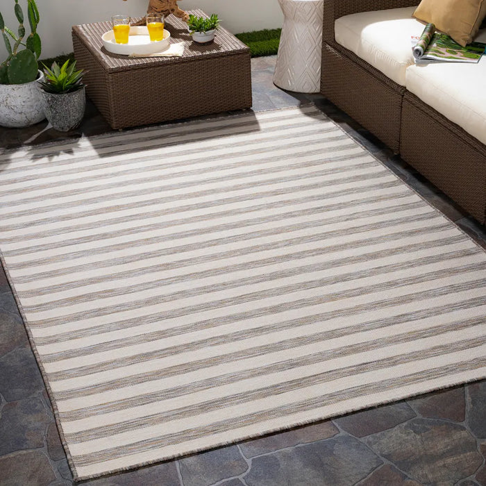Pasadena Cottage Brown Grey Ivory Striped In & Outdoor Rug PSA2381