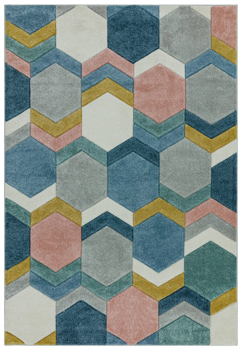 Asiatic sketch sk10 hexagon multi Blue, Multicoloured Living Room  Rug.