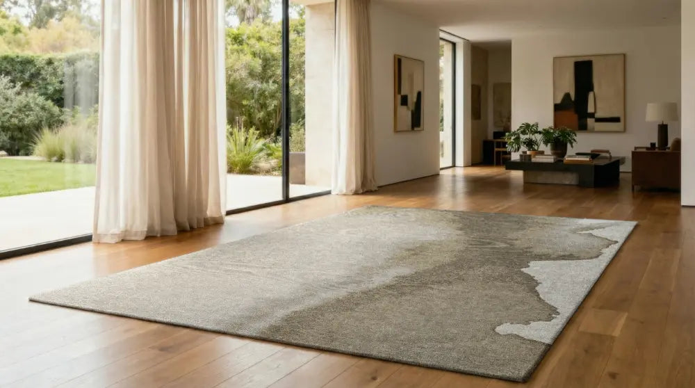 Living room with a large gray rug on wooden floors, large windows, and indoor plants.