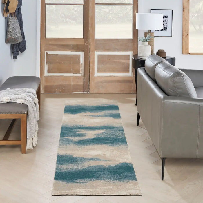 Nourison maxell mae06 ivory teal Ivory, Teal Living Room Floral Rug.
