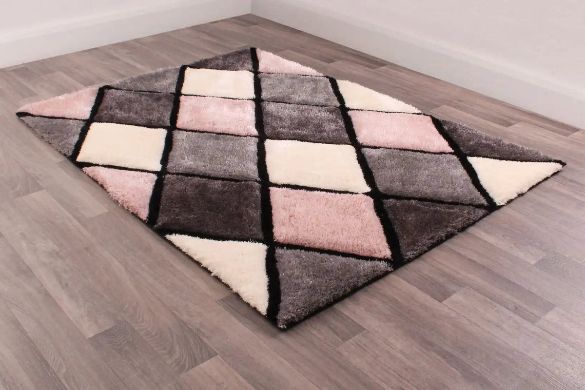 3D Carved Diamond Blush Grey, Multicoloured, Pink Rug — RugsDirect Online