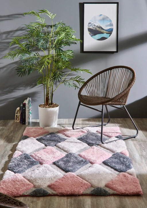 Origins 3d geo shaggy blush Multicoloured, Pink Living Room  Rug.