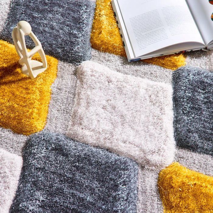 Origins 3d geo shaggy ochre Yellow, Multicoloured Living Room  Rug.