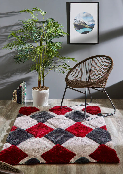 Origins 3d geo shaggy red Multicoloured, Red Living Room  Rug.