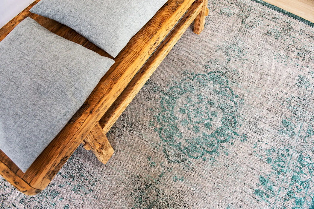 Louis de Poortere fading world medallion 8259 jade oyster Green, Ivory, Multicoloured Living Room Flat Weave Rug.