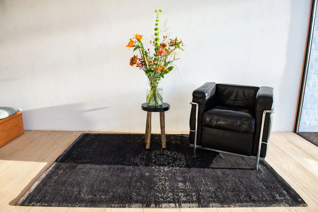 Louis de Poortere fading world medallion 8263 mineral black Black Living Room Flat Weave Rug.