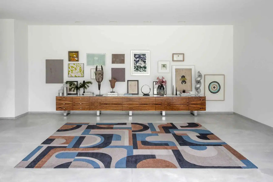 Louis de Poortere module nuance 9196 camel blue Blue, Multicoloured Living Room Geometric Rug.