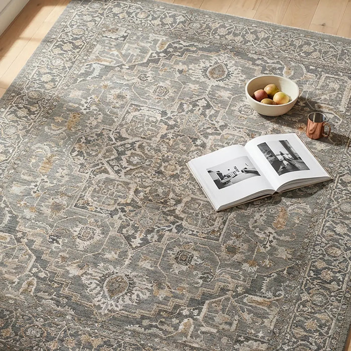 Arda Vintage Blue Grey Brown Traditional Boho Fringe Living Dining Bedroom ACZ2306 Rug