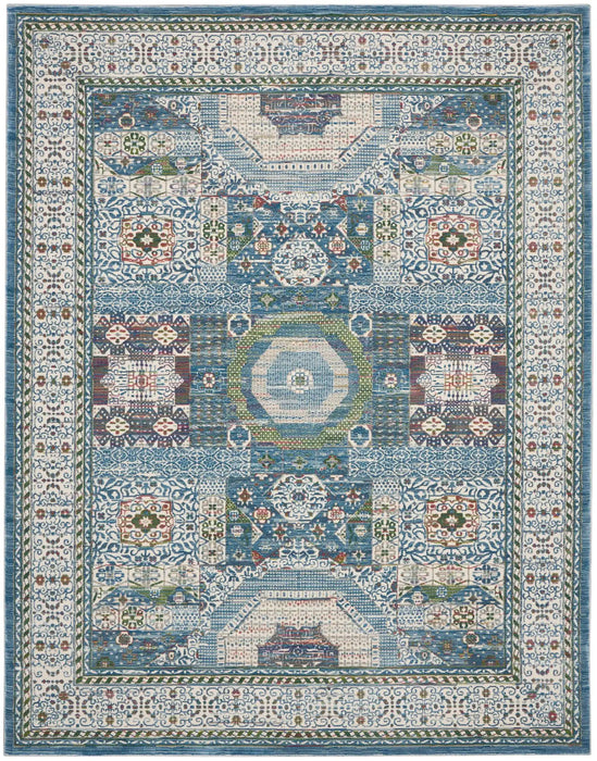 Nourison ankara global anr17 ivory light blue Blue, Ivory, Multicoloured Living Room Moroccan Rug.
