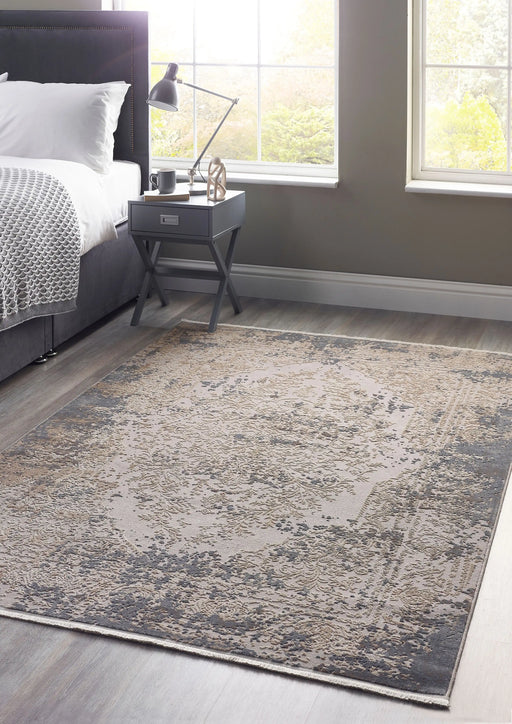 Origins aura hug vintage medallion with fringe Blue, Grey Living Room Geometric Rug.