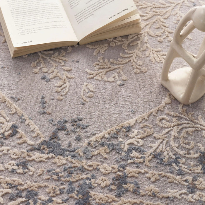 Origins aura hug vintage medallion with fringe Blue, Grey Living Room Geometric Rug.