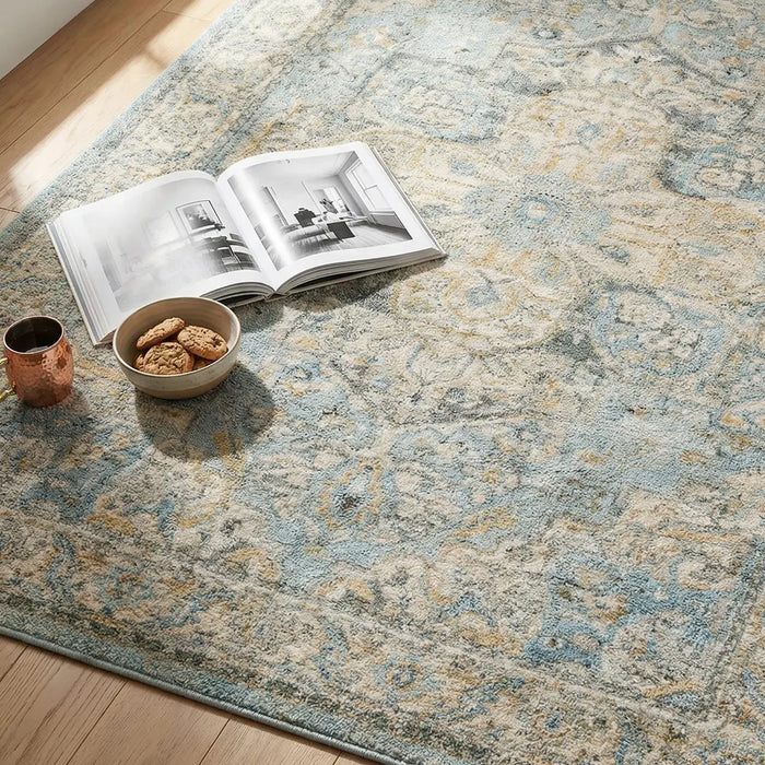 Avellino Vintage Beige Blue Gray Traditional Boho High Pile Living Dining Bedroom Rug AVL2300
