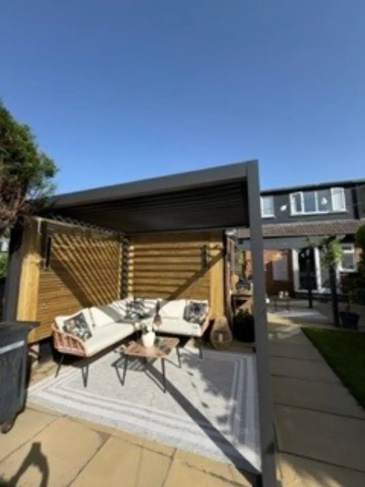 Photo By @lydford20 |Outdoor patio area with furniture and a pergola on a sunny day.