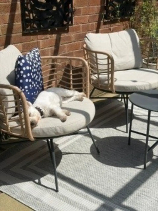 Photo by @lydford20 | Outdoor patio with wicker chairs, cushions, and a dog resting on one of the chairs.