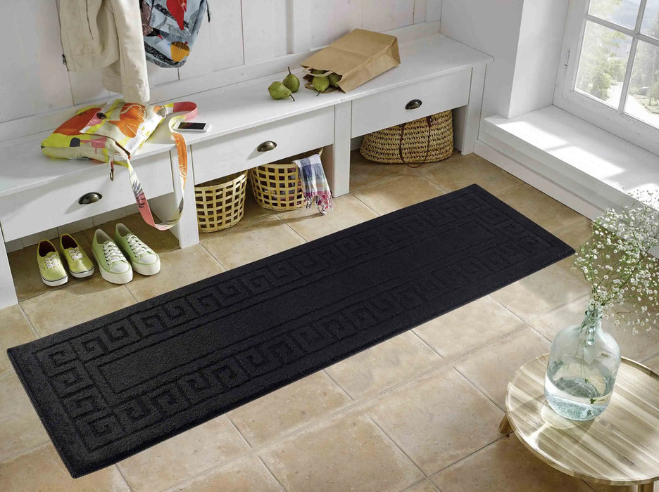 Serdim Rugs washable 9mm gel back greek key black Black Living Room Geometric Rug.