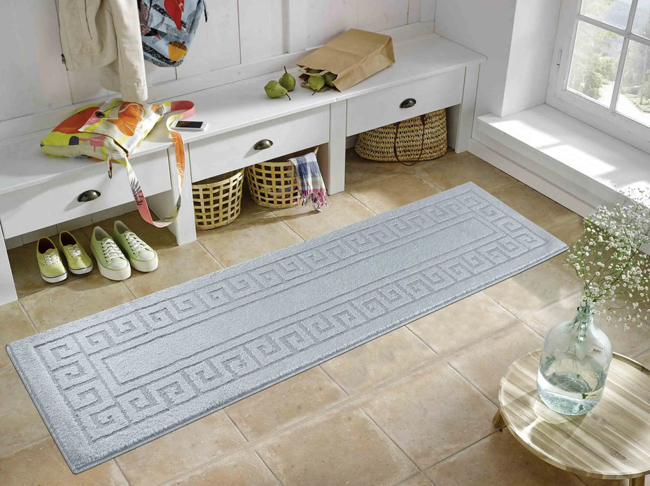 Serdim Rugs washable 9mm gel back greek key silver Grey Living Room Geometric Rug.