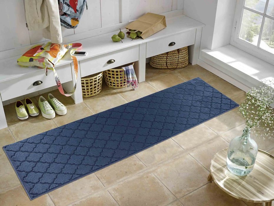Serdim Rugs washable 9mm gel back trellis navy Blue, Navy Living Room Geometric Rug.