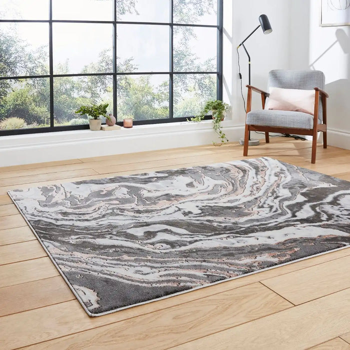 Think Rugs apollo gr584 grey rose Grey, Pink Living Room  Rug.