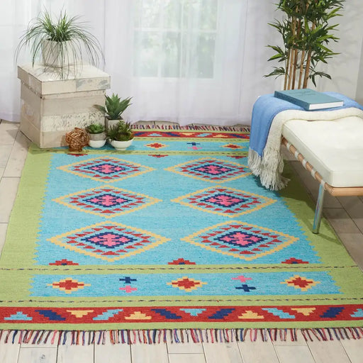Nourison baja baj02 blue green Blue, Green, Multicoloured Living Room Geometric Rug.