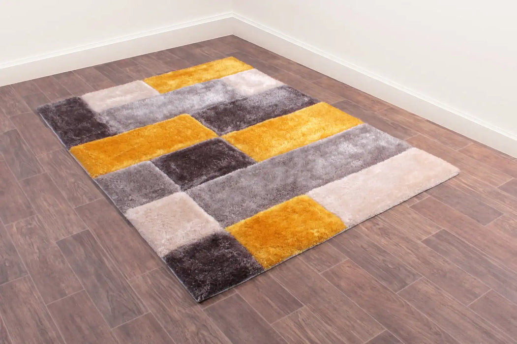 URCO 3d carved blocks ochre Yellow, Multicoloured Living Room Geometric Rug.