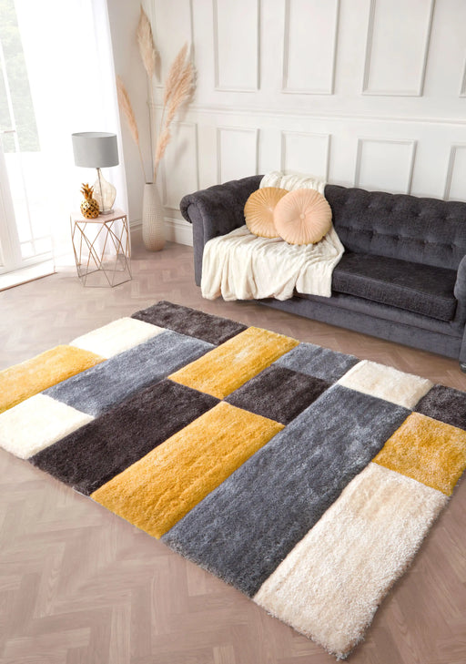 URCO 3d carved blocks ochre Yellow, Multicoloured Living Room Geometric Rug.