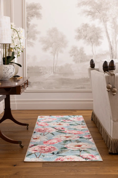 Blooming Peonies Washable Blue Multi