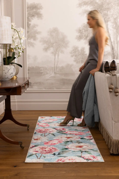 Blooming Peonies Washable Blue Multi