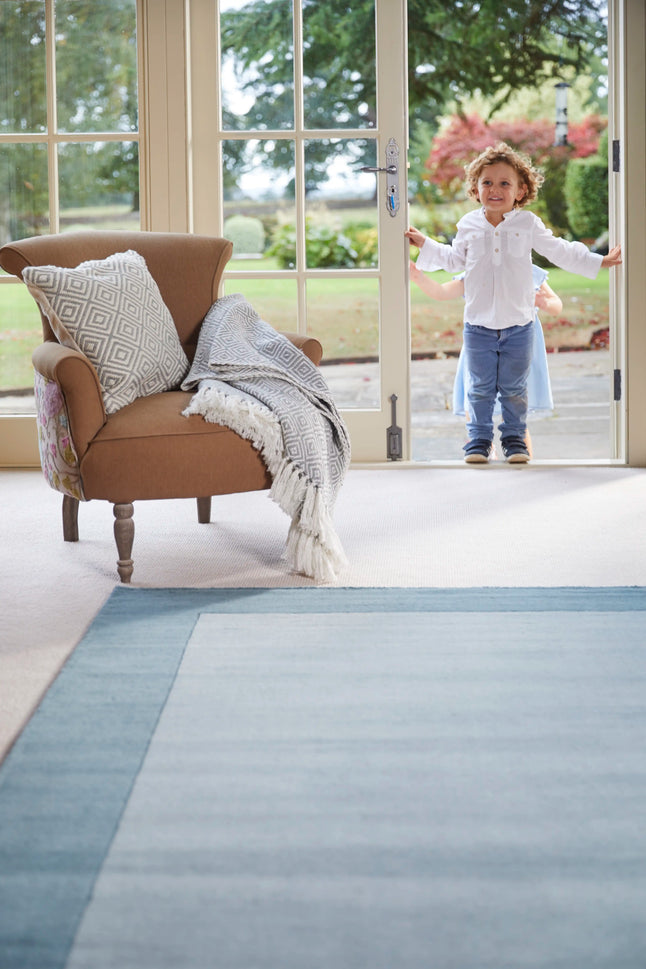 Origins borders duck egg Blue Living Room Wool Rug.