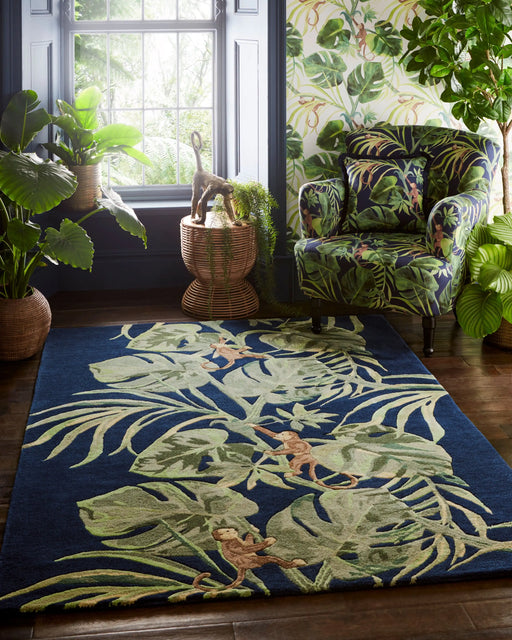 Clarke & Clarke monkey business indigo blue Blue, Green, Multicoloured Living Room Floral Rug.