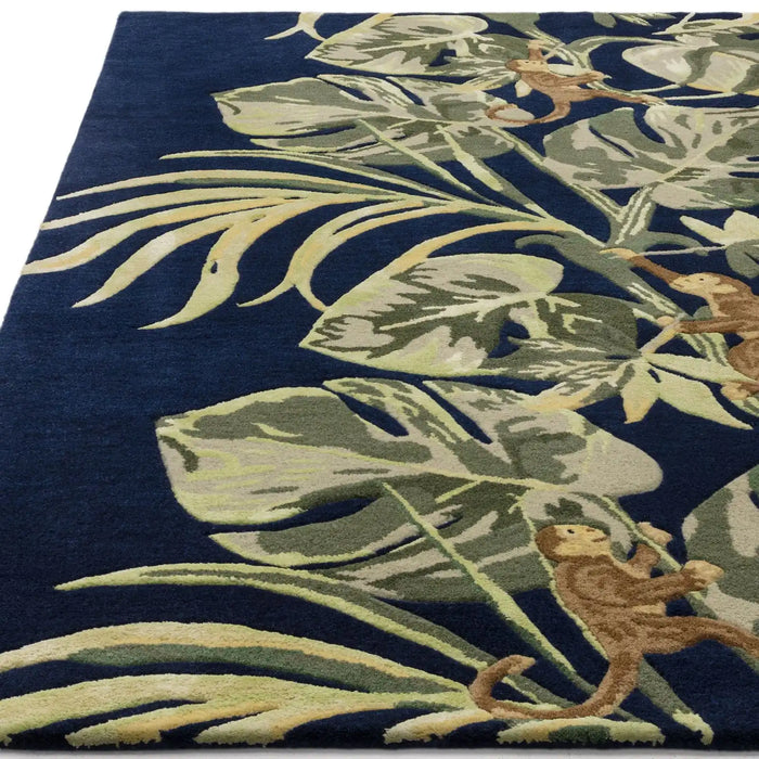 Clarke & Clarke monkey business indigo blue Blue, Green, Multicoloured Living Room Floral Rug.