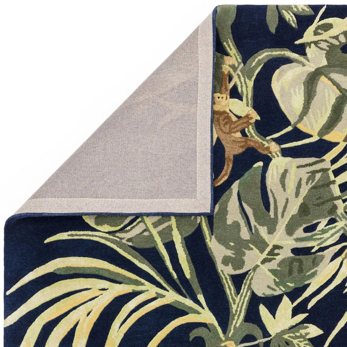 Clarke & Clarke monkey business indigo blue Blue, Green, Multicoloured Living Room Floral Rug.