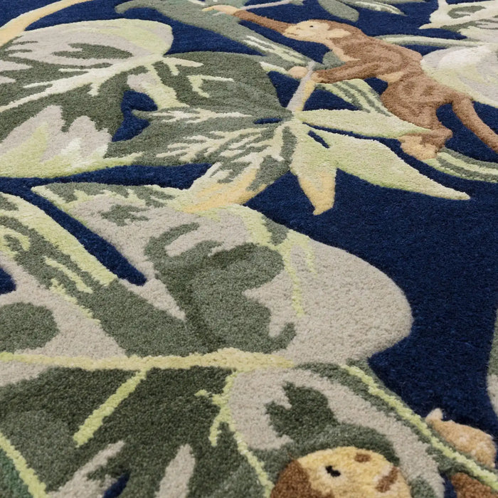 Clarke & Clarke monkey business indigo blue Blue, Green, Multicoloured Living Room Floral Rug.