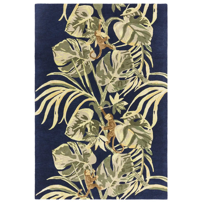Clarke & Clarke monkey business indigo blue Blue, Green, Multicoloured Living Room Floral Rug.