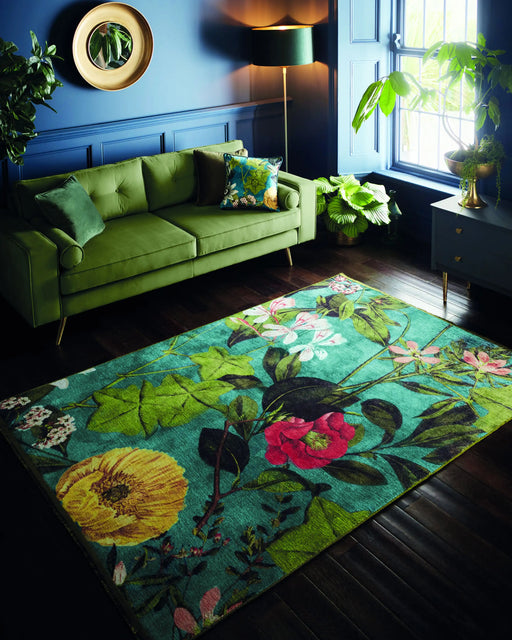 Clarke & Clarke passiflora kingfisher Blue, Multicoloured Living Room Floral Rug.