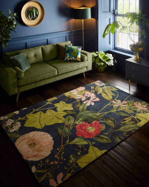 Clarke & Clarke passiflora midnight spice Blue, Multicoloured Living Room Floral Rug.
