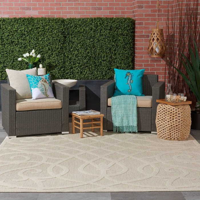 Nourison cozumel outdoor czm04 cream Ivory, Cream Living Room Geometric Rug.