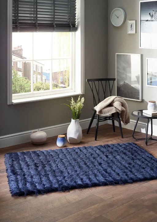 Origins carved glamour navy Blue, Navy Living Room Shaggy Rug.