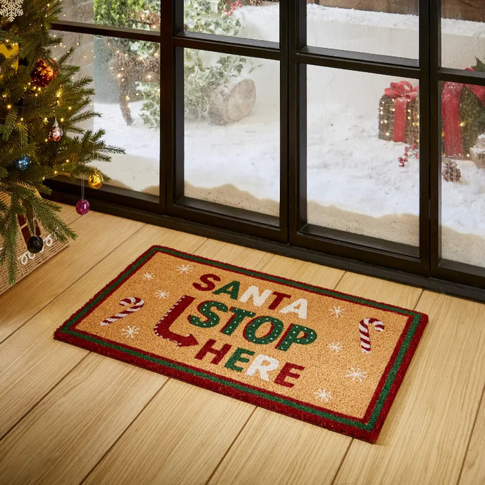 Christmas Coir Santa Stop Here Green/Red
