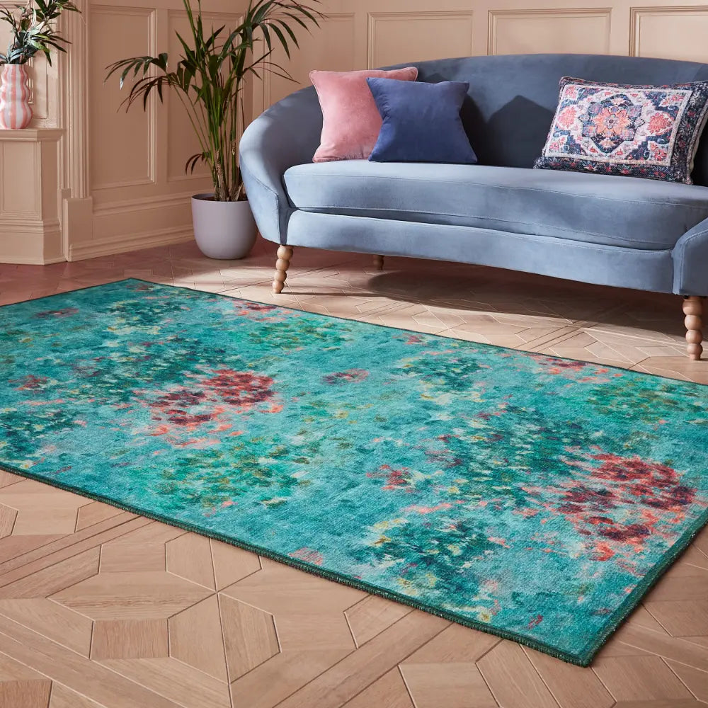 Clarke & Clarke Fiore Rose Teal Washable Green Rug — RugsDirect Online