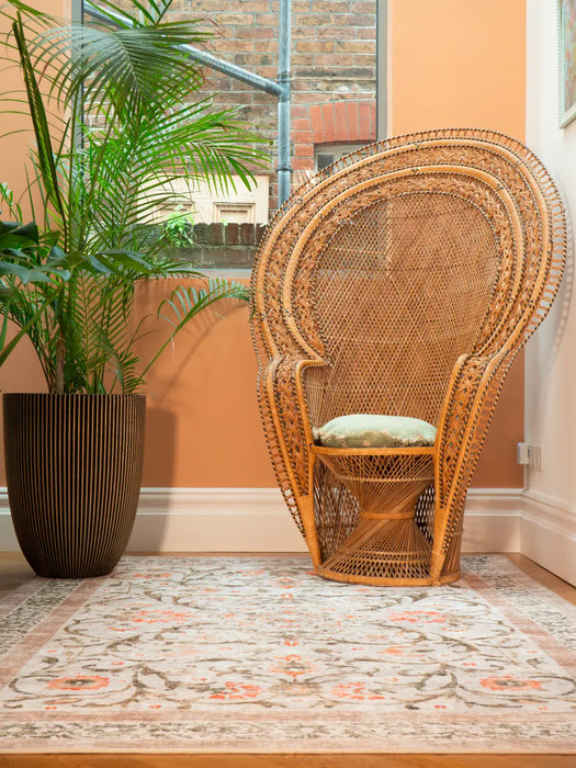 Photo by Nick A | Wicker peacock chair with a cushion on a patterned rug, next to a potted plant. on Country Paisley Rug
