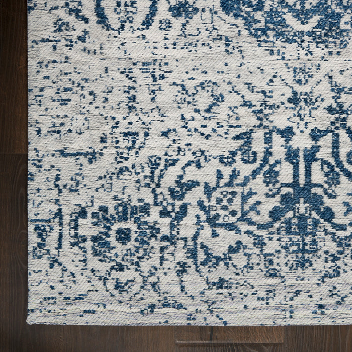 Nourison damask das06 ivory navy Blue, Ivory, Navy Living Room Flat Weave Rug.