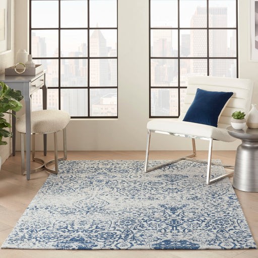 Nourison damask das06 ivory navy Blue, Ivory, Navy Living Room Flat Weave Rug.