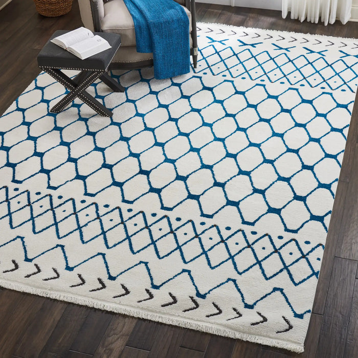 Nourison kamala ds500 white blue Blue, Ivory Living Room Geometric Rug.