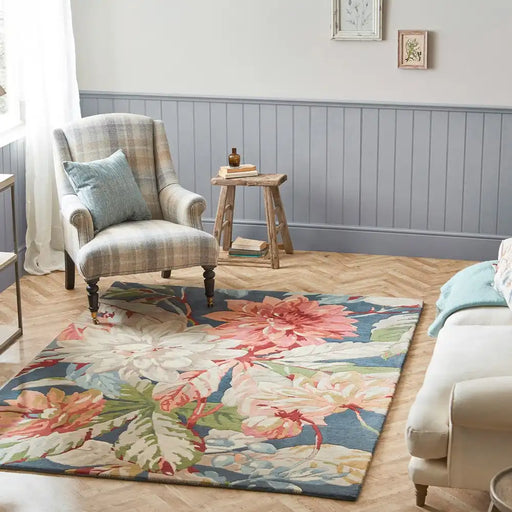 Sanderson sanderson dahlia and rosehip teal 050608 Blue, Green, Multicoloured Living Room Wool Rug.