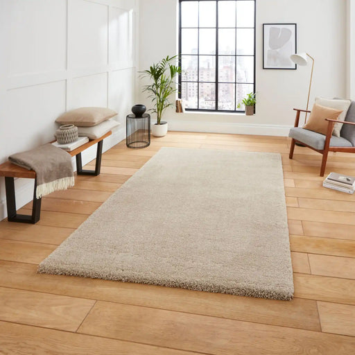 Think Rugs deluxe beige Beige Living Room Shaggy Rug.