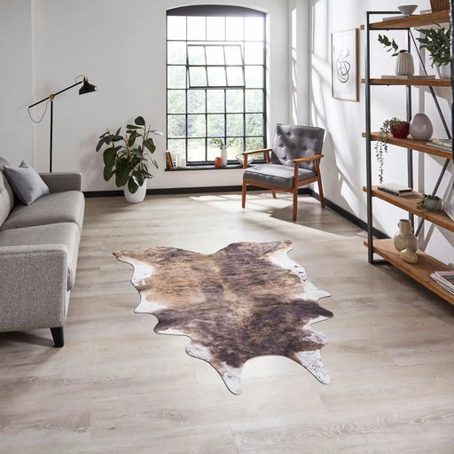 Think Rugs faux animal print cow print brown and white Brown, Ivory Living Room  Rug.