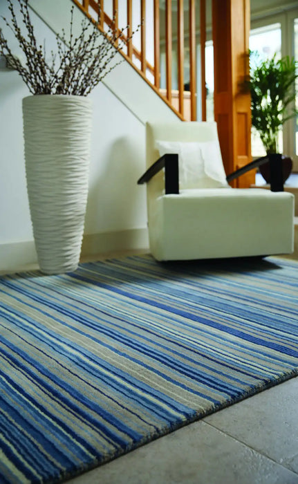 Origins fine stripe blue beige Blue Living Room Wool Rug.